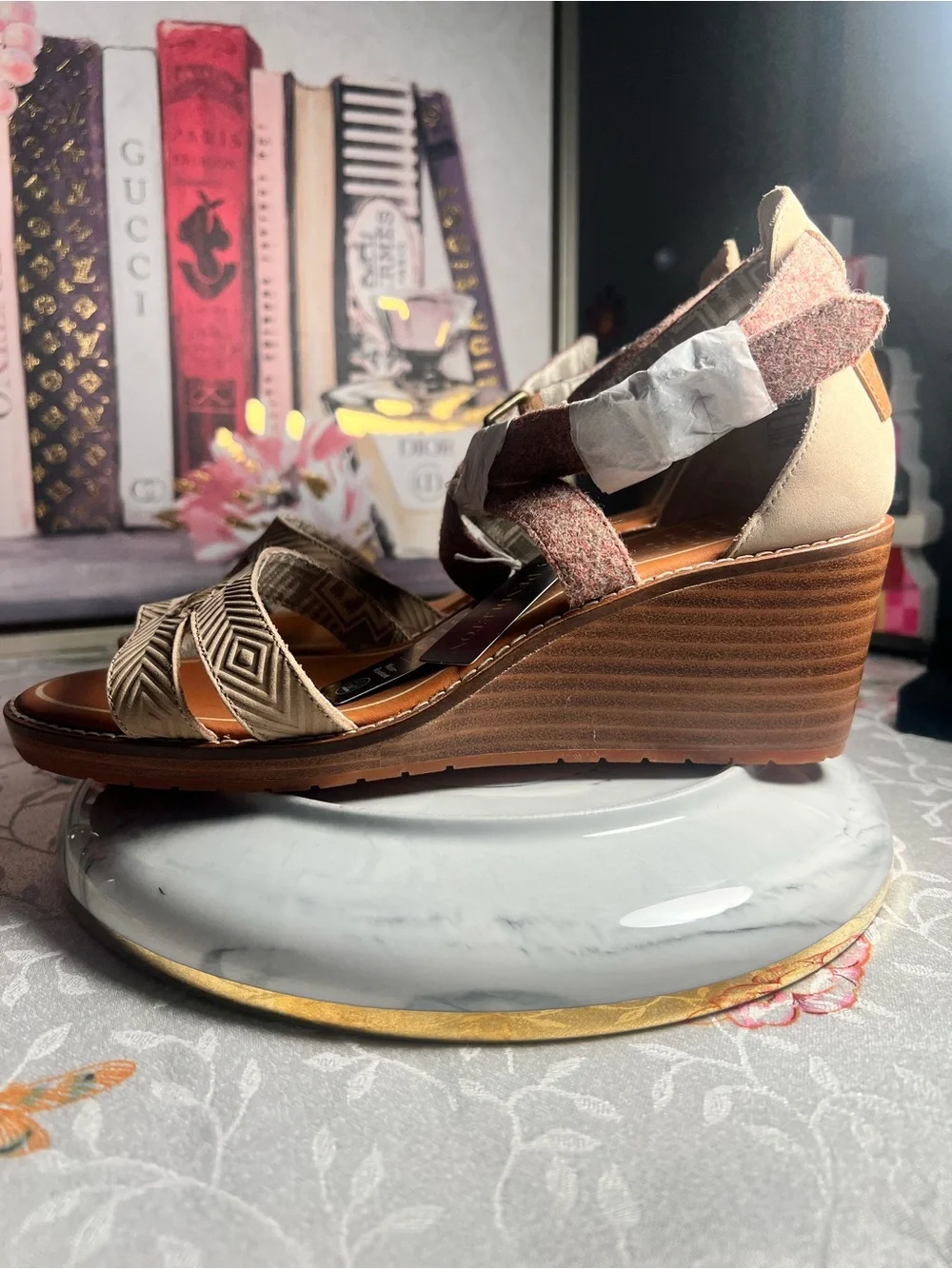 Pendleton Tan and Brown Crisscross Wedge Sandals